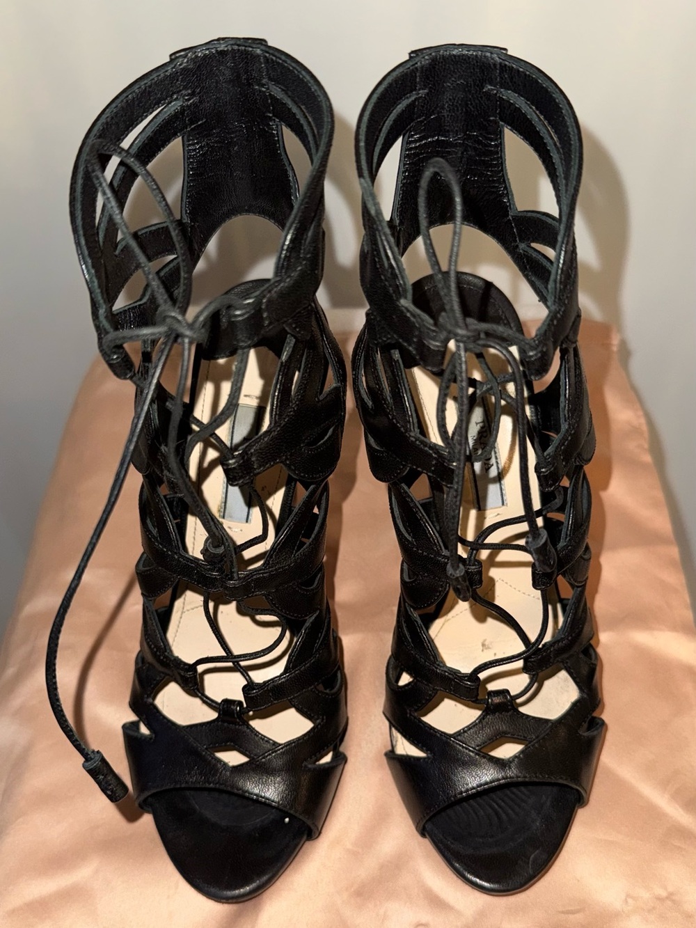 PRADA Black Leather Lace Up Cage Gladiator Heels 37.5 Italy